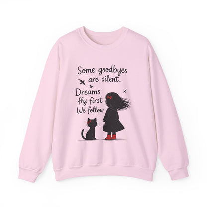 Cozy Farewell Girl & Cat Pullover, Hand Drawn Red Dress Art, Minimalist Womens Crewneck