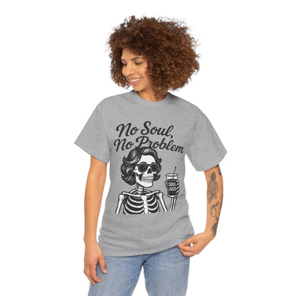 No Soul No Problem Skeleton T-Shirt for Women, Funny Gothic Skull Tee, Dark Humor Halloween Shirt, Spooky Retro Skeleton Top