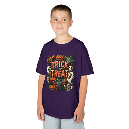 Kids Trick or Treat T-Shirt, Halloween Graphic Tee with Pumpkins, Ghosts & Vampires, Fun Spooky Shirt for Children