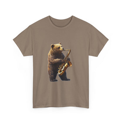 Saxophone Bear Unisex Heavy Cotton Tee, Music Lover Shirt, Gift for Musicians, Cute Animal Tee, Fun Jazz T-Shirt
