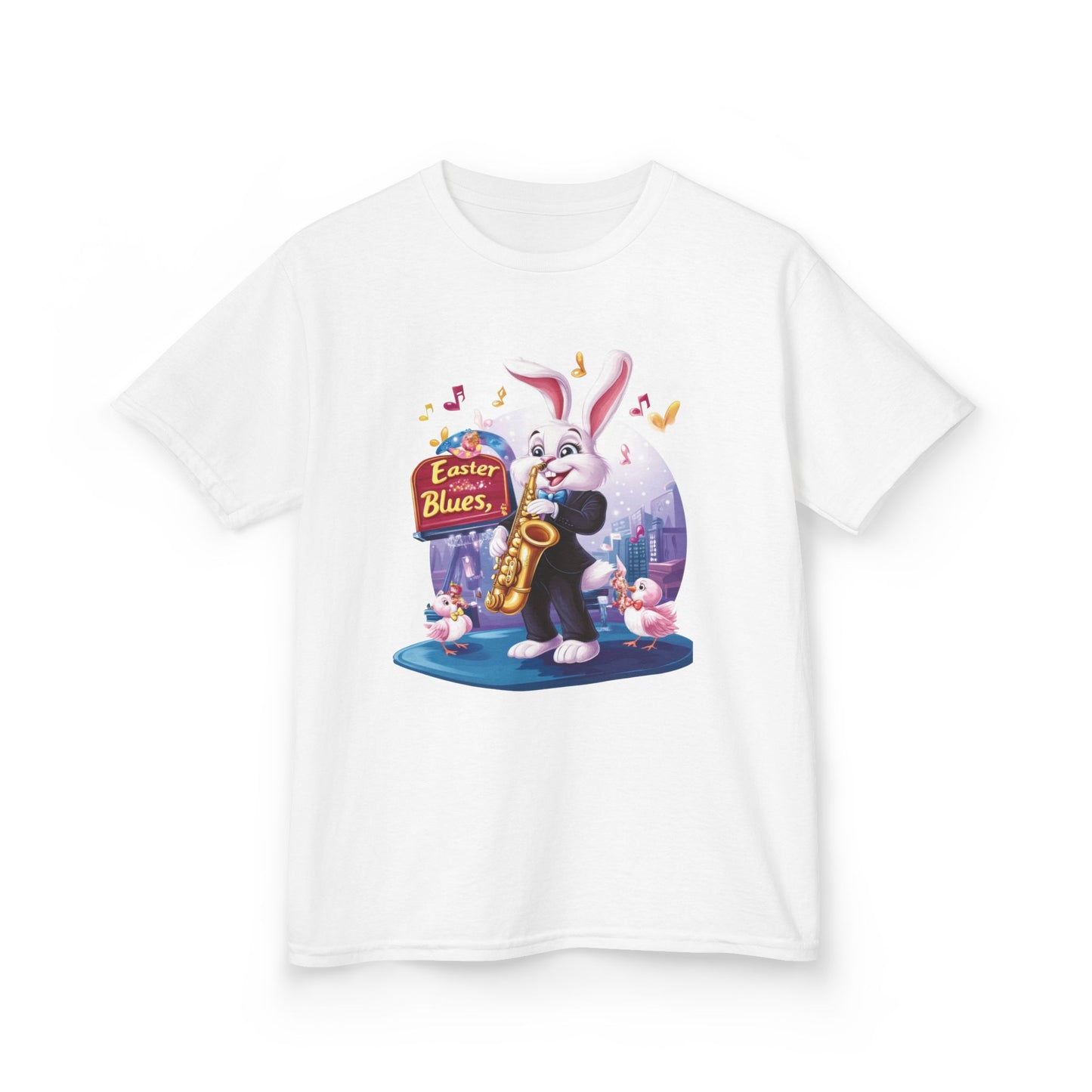 Easter Blues Bunny Kids T-Shirt - Cute Jazz Music Themed Tee for Boys and Girls, Fun Spring Gift, Bunny Playing Saxophone Design