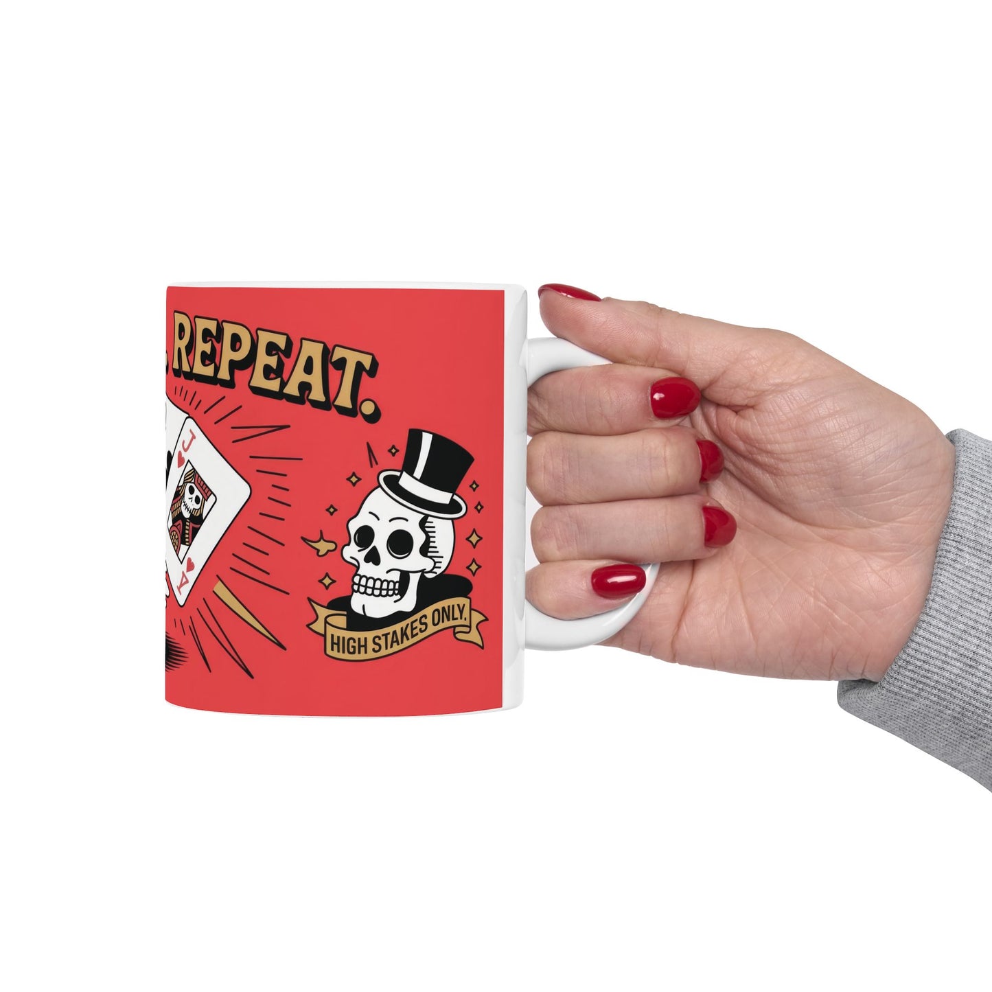 Roll Risk Repeat Poker Mug, Bold Tattoo Style Coffee Cup with Joker Card, Gambling Gift, Gothic Drinkware, Poker Lovers Mug