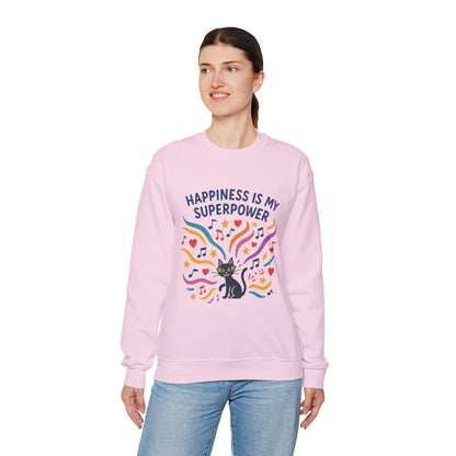 Playful Cat Crewneck Womens Sweatshirt, Happiness is My Superpower, Cozy Sweatshirt, Gift for Cat Lovers, Fun Casual Style, Unique Animal Design