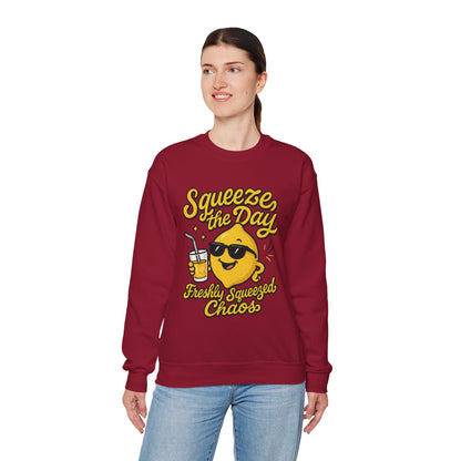 Funny Lemon Womens Sweatshirt - Squeeze The Day Freshly Squeezed Chaos Cozy Pullover - Citrus Positive Crewneck Sweatshirt, Cheerful Fashion