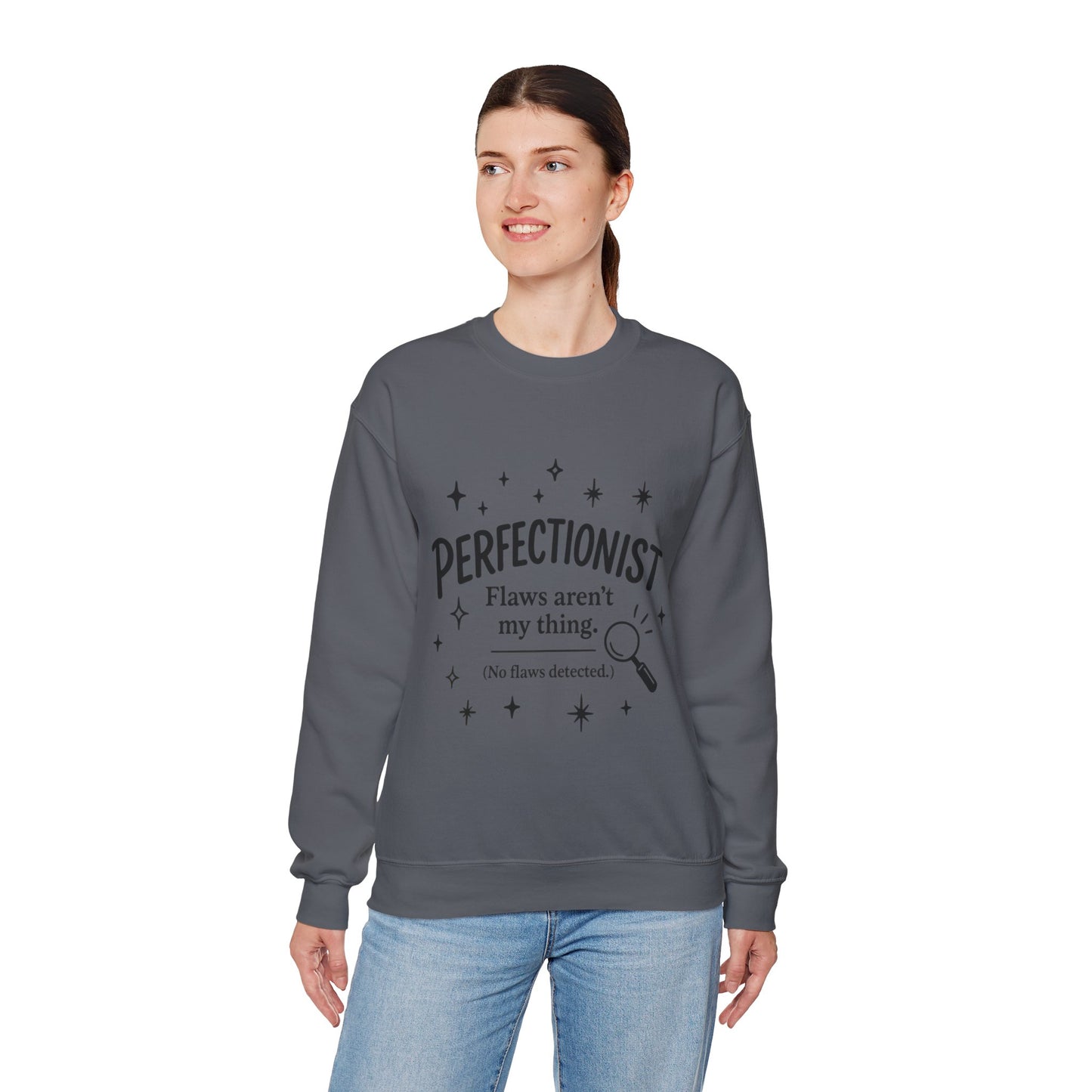 Womens Perfectionist Sweatshirt, Funny Clean Design with Stars, No Flaws Detected Quote Pullover, Minimalist Cozy Gift for Her