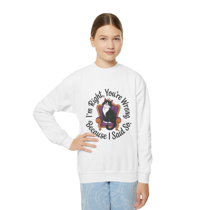 Youth Crewneck Sweatshirt, Funny Cat Sweatshirt for Girls, Im Right Youre Wrong, Tween Girl Attitude Pullover, Cute Gift for Cat Lovers