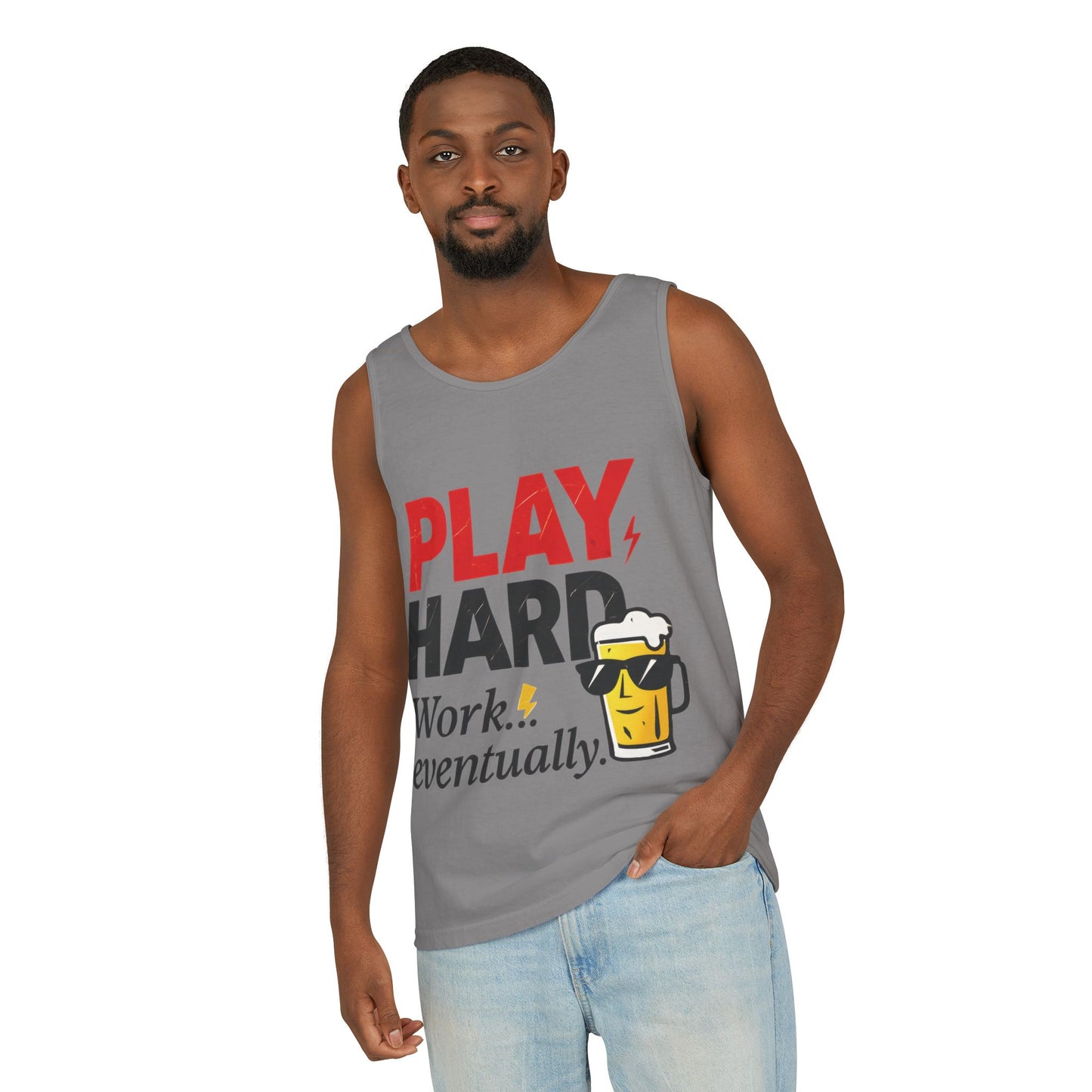 Casual Tank Top with Play Hard Print, Fun Summer Apparel, Gift for Dad or Friends, Beach Wear, Workout Top, Party Attire