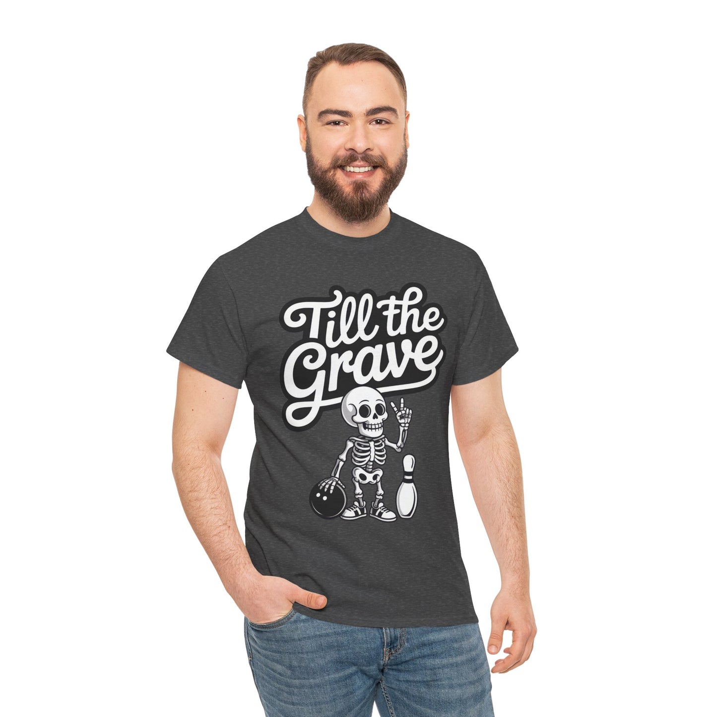 Skeleton Bowling Graphic Tee, Mens Heavy Cotton Tee, Funny Halloween Shirt, Gift for Bowlers, Retro Style Apparel, Casual Wear