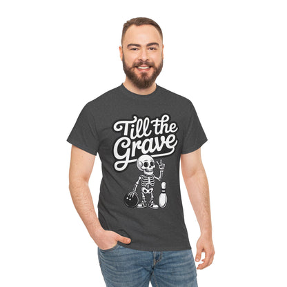 Skeleton Bowling Graphic Tee, Mens Heavy Cotton Tee, Funny Halloween Shirt, Gift for Bowlers, Retro Style Apparel, Casual Wear