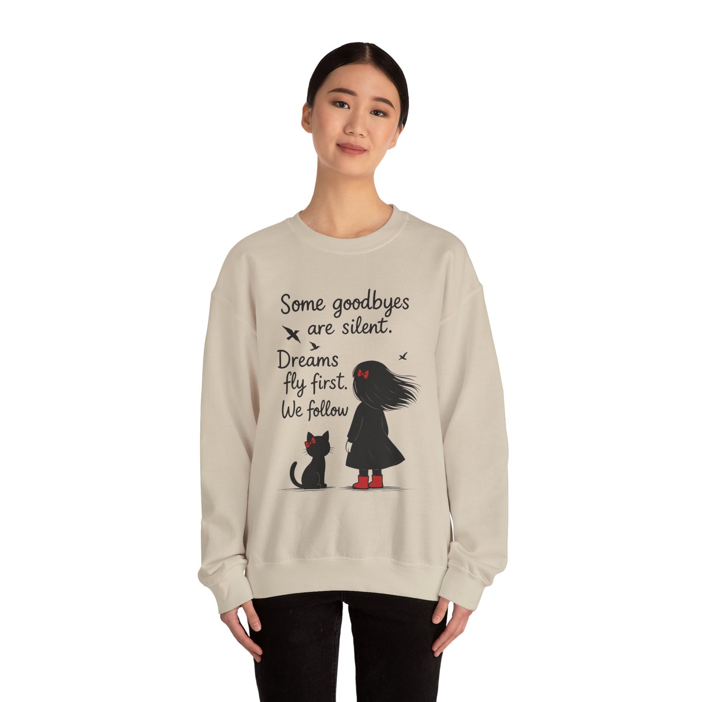 Cozy Farewell Girl & Cat Pullover, Hand Drawn Red Dress Art, Minimalist Womens Crewneck