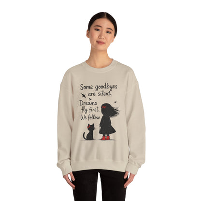Cozy Farewell Girl & Cat Pullover, Hand Drawn Red Dress Art, Minimalist Womens Crewneck