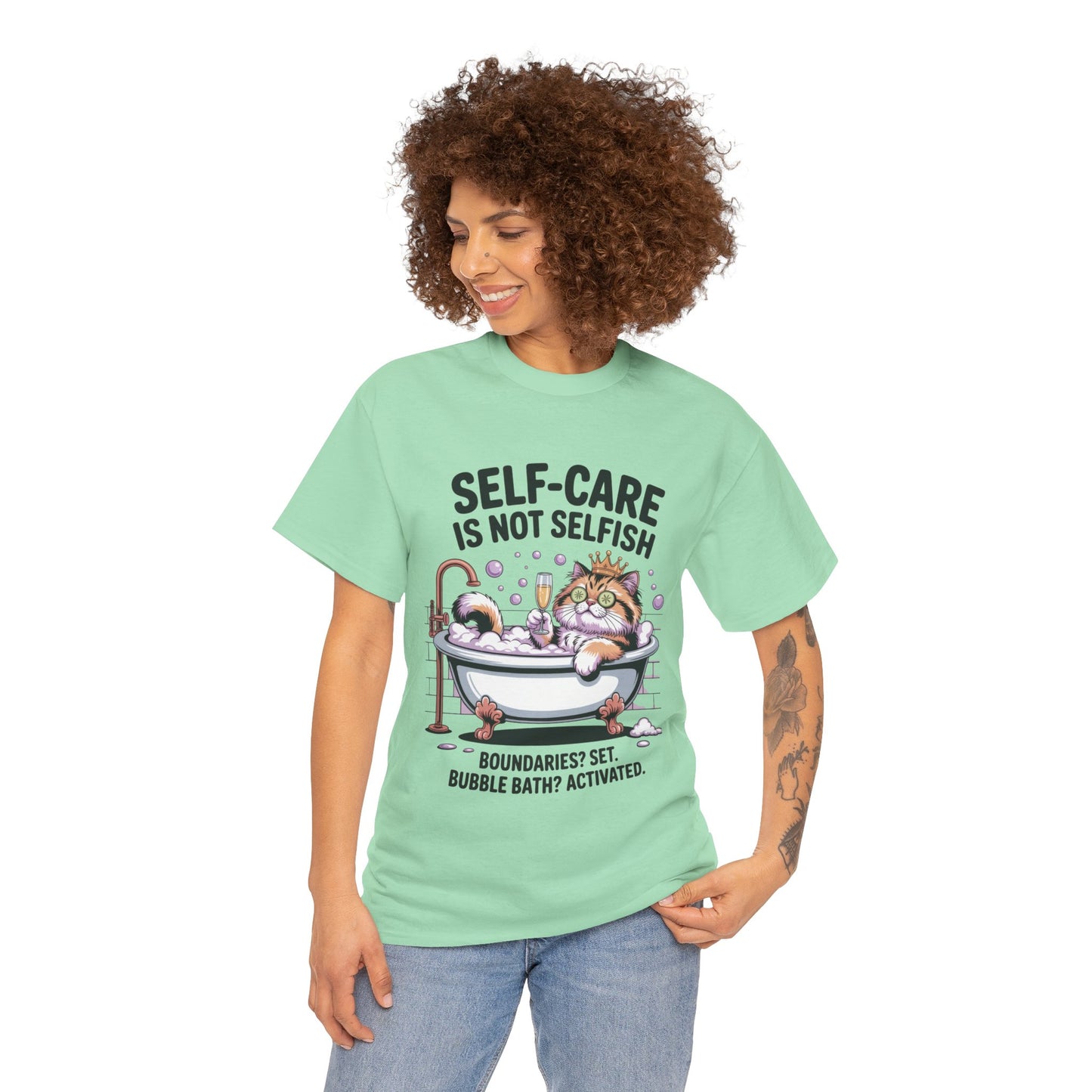 Womens Heavy Cotton Tee, Self-Care Cat Shirt, Funny Cat Bubble Bath Tee, Relaxing Kitty Graphic, Self Care Is Not Selfish Womens T-Shirt