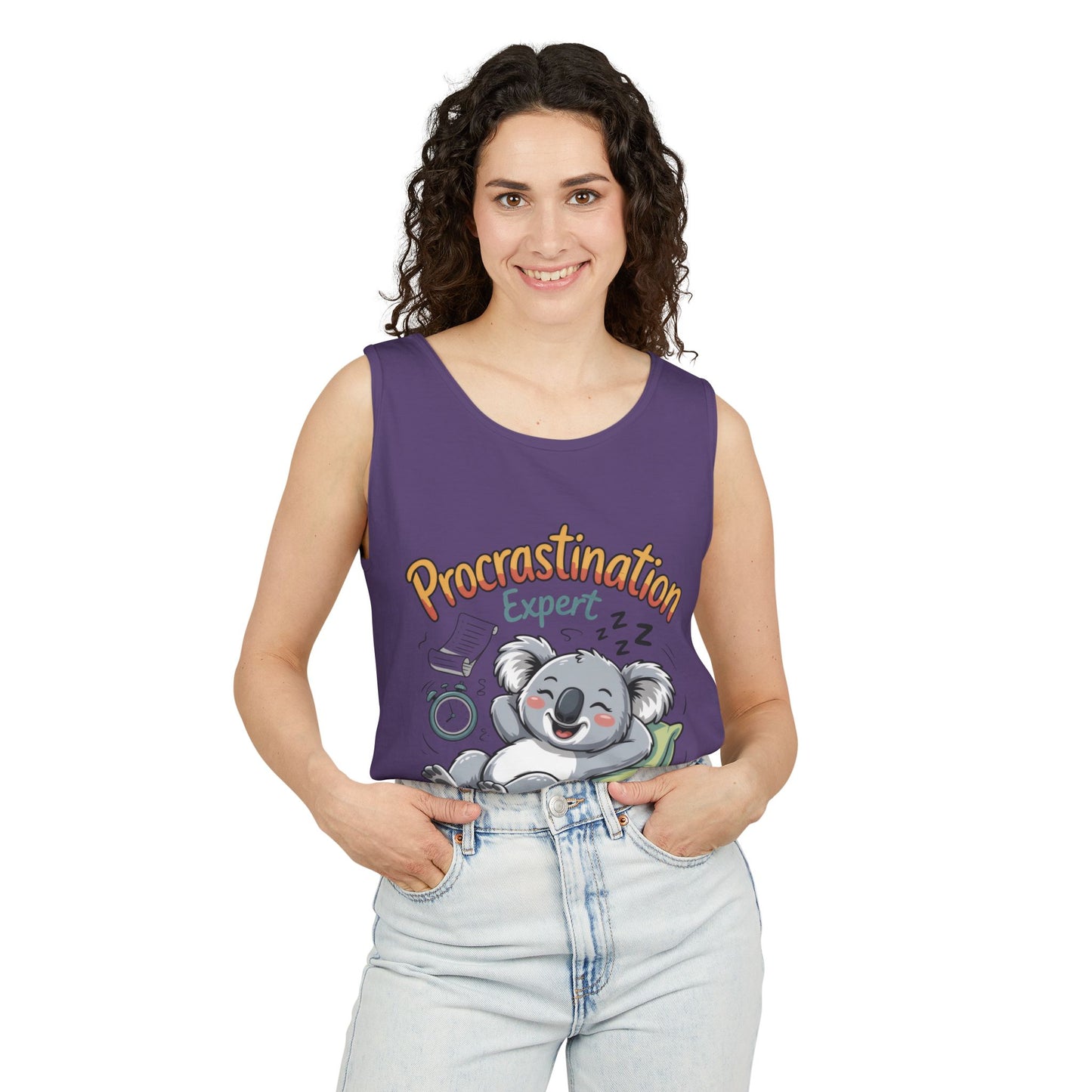 Procrastination Expert Womens Tank Top, Funny Gift for Lazy Days, Relaxed Fit Tee, Casual Summer Wear, Koala Graphic Top, Motivational Apparel