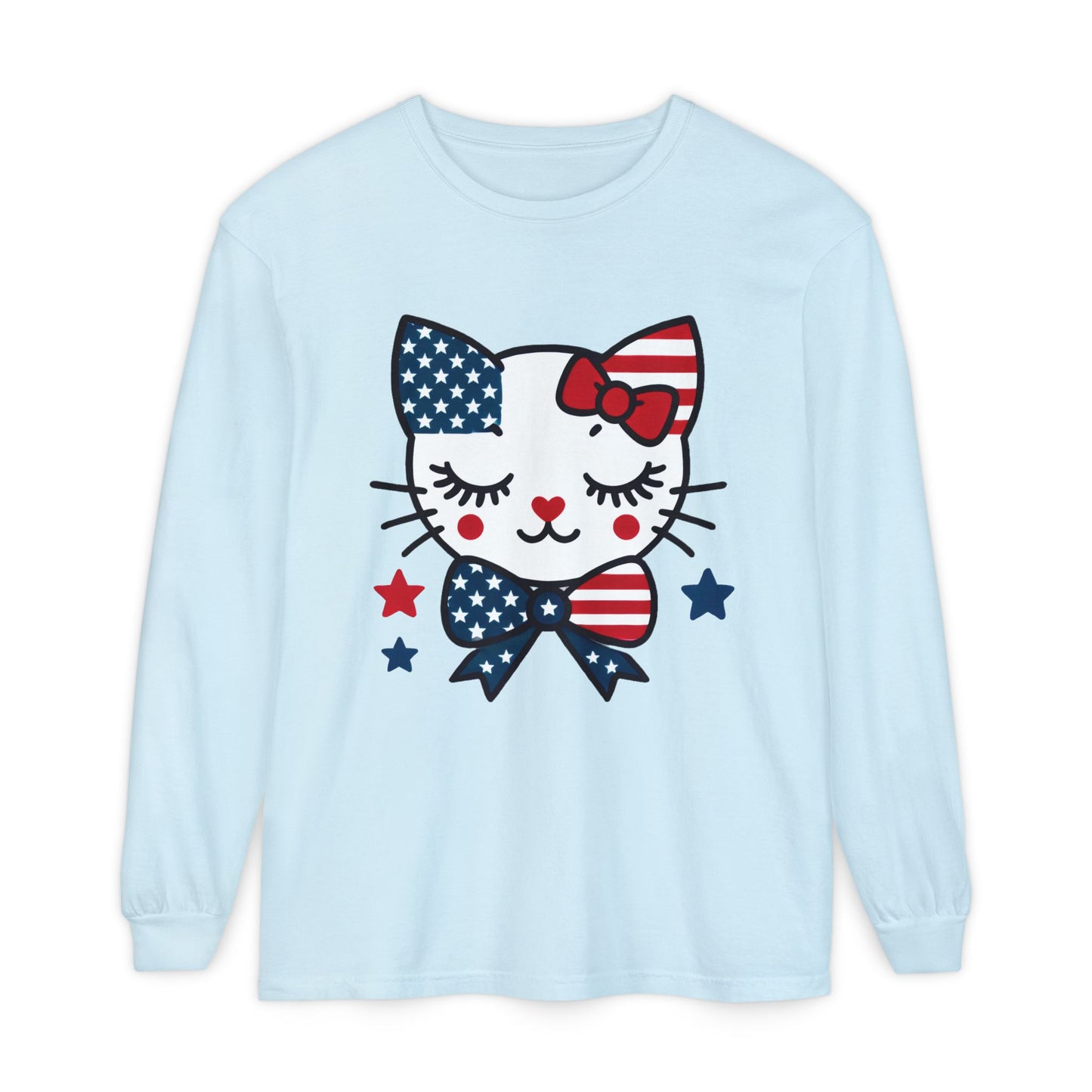 Patriotic Cat Long Sleeve T-Shirt, Women's Tee, Perfect for Fourth of July, Animal Lover Gift, Cozy Casual Wear, Holiday Apparel