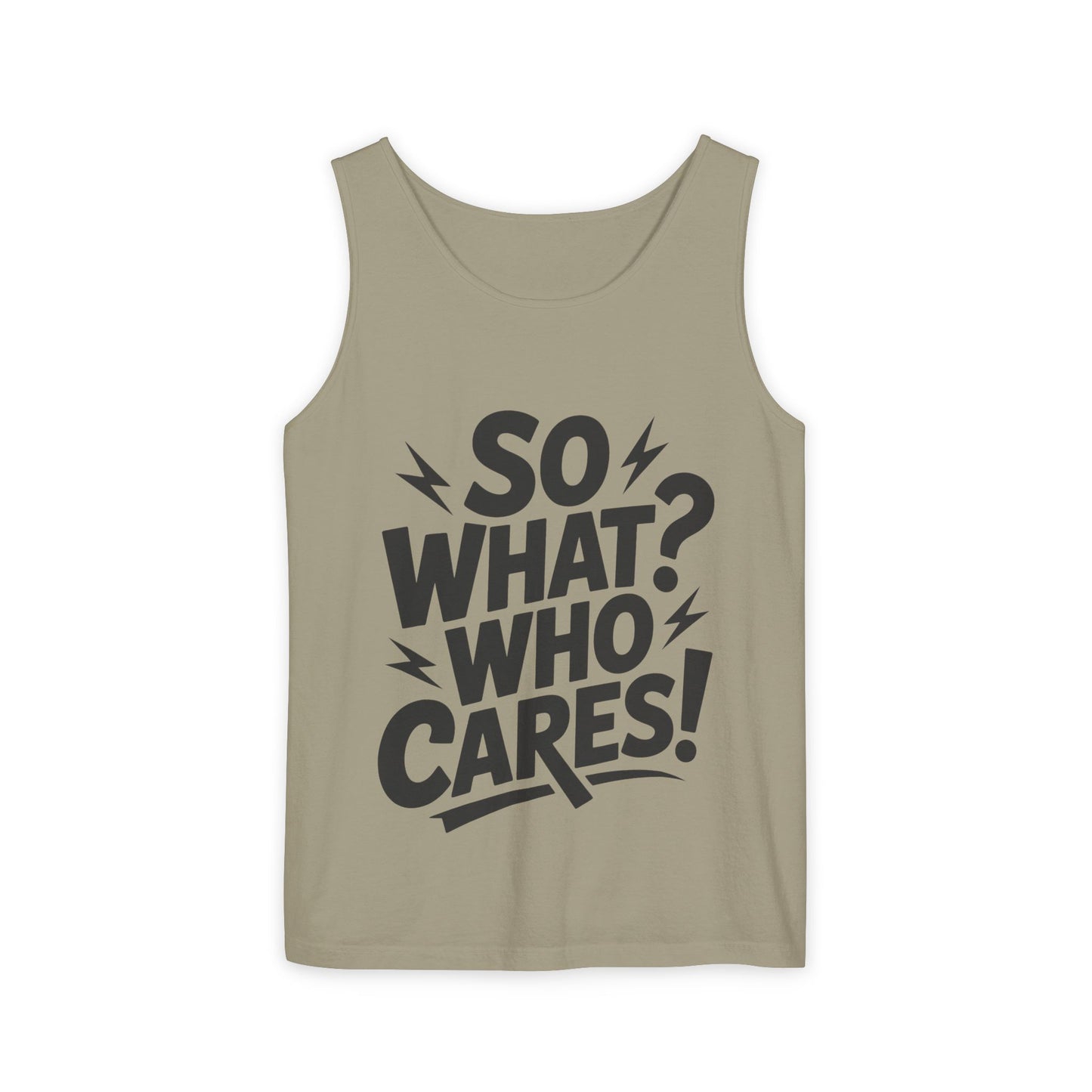 Mens Tank Top, "So What? Who Cares!", Casual Summer Wear, Beach Trip, Festival Outfit, Lightning Print, Sarcastic Summer Tee, Gym Tank