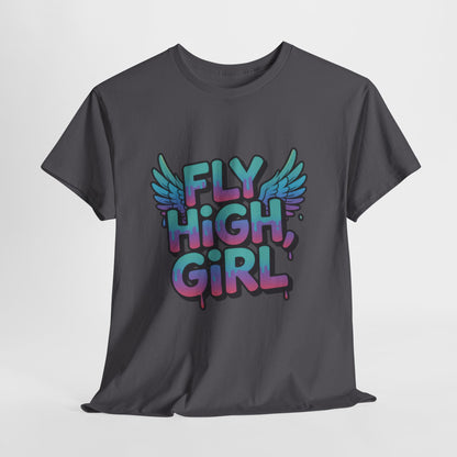 Womens Graphic Tee Fly High Girl, Angel Wings Graffiti Drip T-Shirt, Bold Streetwear Top