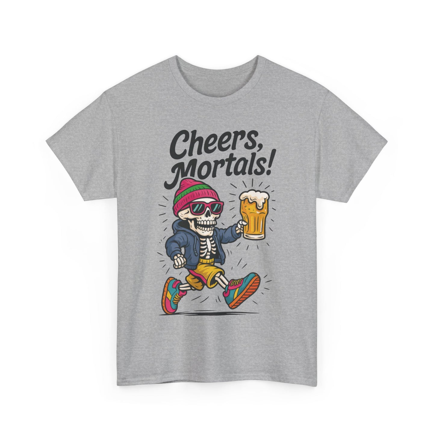 Cheers, Mortals! Mens Tee, Funny Skeleton Beer Graphic Tee, Cool Drinking Humor Shirt, Party Gift for Him, Halloween Tee,  Beer Lovers Gift