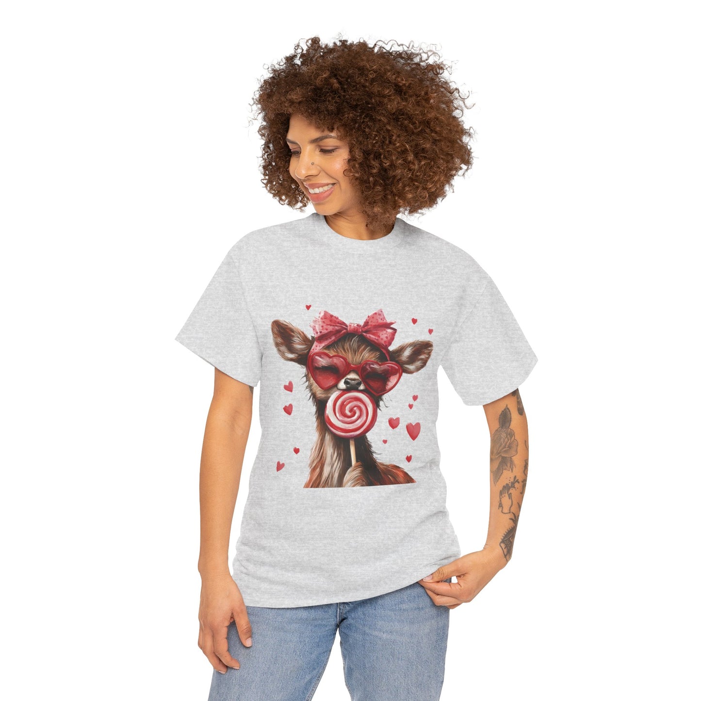 Cute Deer with Heart Glasses and Lollipop, Valentine's Day Heavy Cotton Tee, Fun Animal Love Shirt Gift for Her, Animal Lovers Shirt