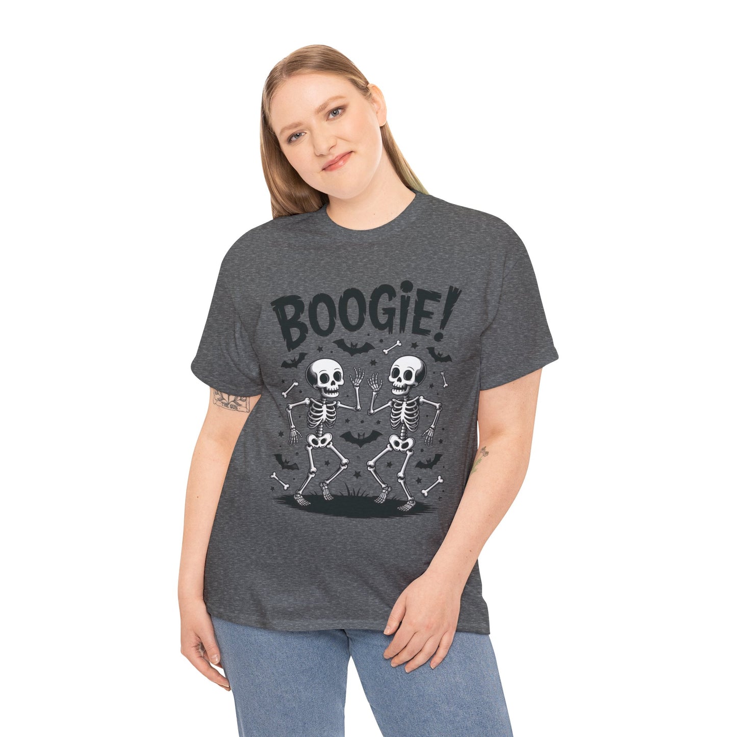 Halloween Dancing Skeletons Women's T-Shirt, BOOGIE! Funny Spooky Graphic Tee for Women, Women's Heavy Cotton Tee