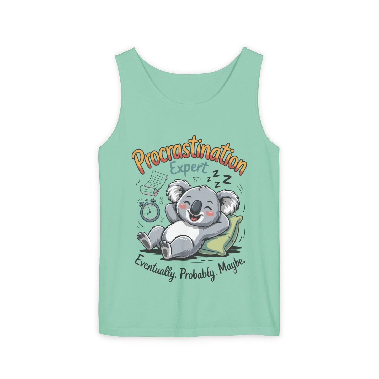 Procrastination Expert Womens Tank Top, Funny Gift for Lazy Days, Relaxed Fit Tee, Casual Summer Wear, Koala Graphic Top, Motivational Apparel