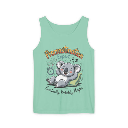 Procrastination Expert Womens Tank Top, Funny Gift for Lazy Days, Relaxed Fit Tee, Casual Summer Wear, Koala Graphic Top, Motivational Apparel