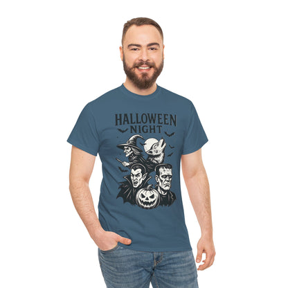 Halloween Night Men's T-Shirt, Classic Monsters Graphic Tee, Witch, Vampire, Frankenstein, Werewolf
