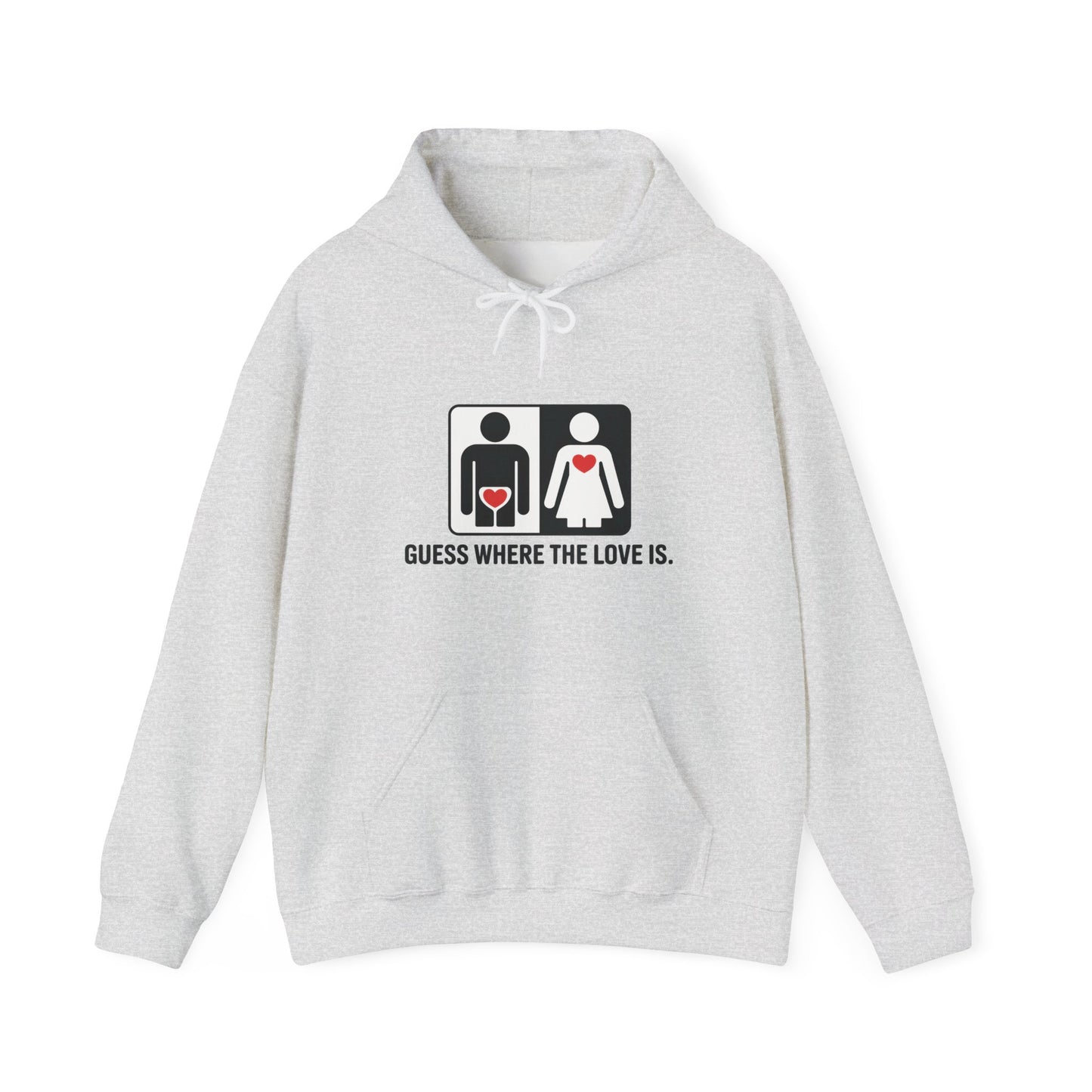Cute Guess Where The Love Is Mens Hoodie, Sweatshirt for Couples, Valentines Day Gift, Relationship Humor Hoodie, Bold Love Joke Hoodie