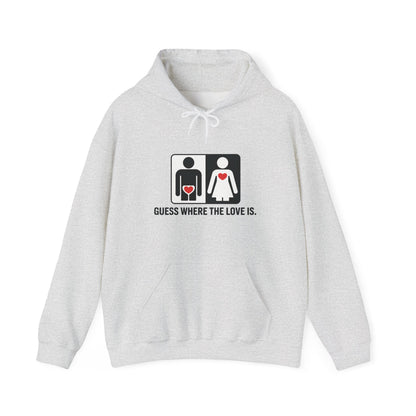 Cute Guess Where The Love Is Mens Hoodie, Sweatshirt for Couples, Valentines Day Gift, Relationship Humor Hoodie, Bold Love Joke Hoodie