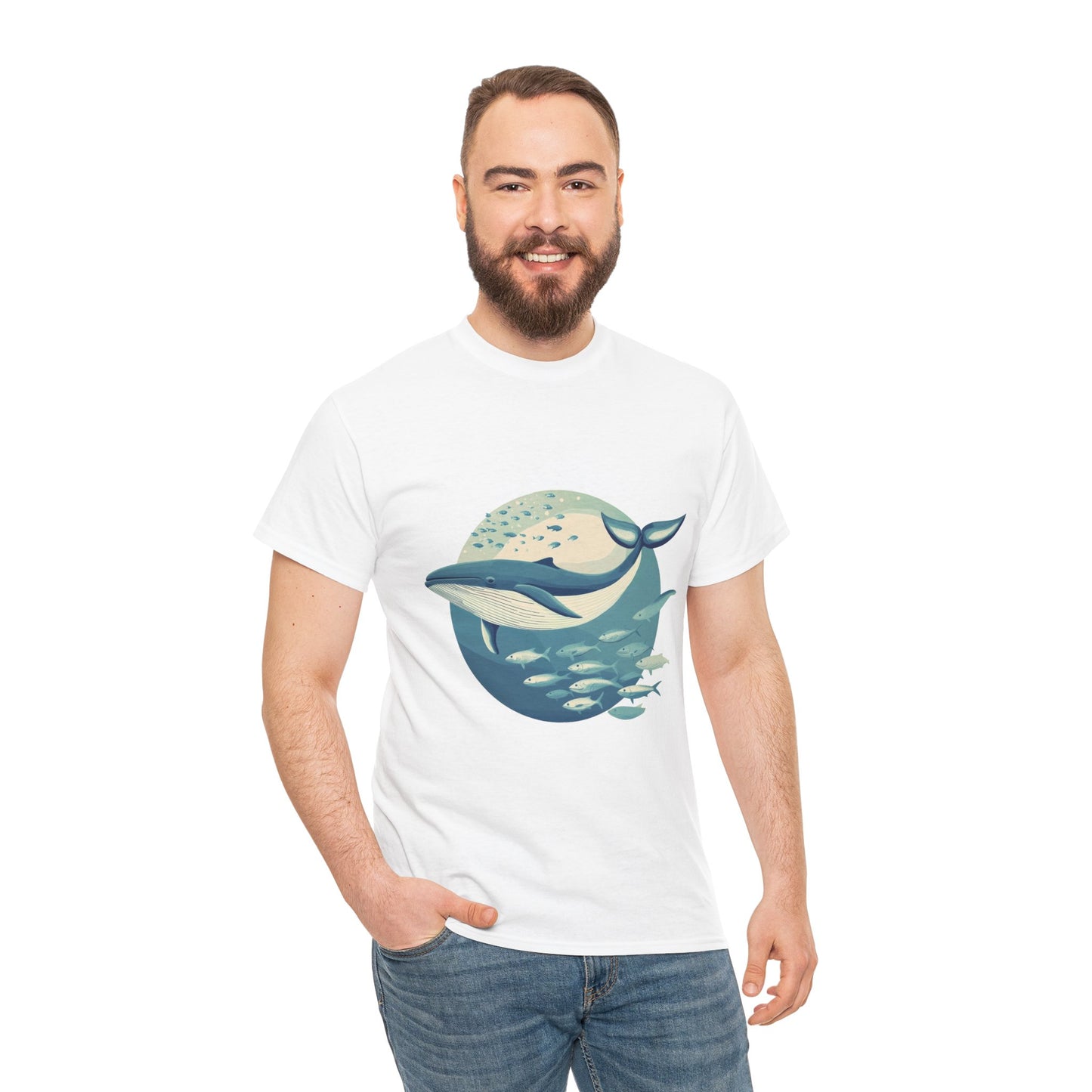 Whale and Fish Unisex Heavy Cotton Tee, Ocean Lover Shirt, Nature Tee, Sea Creature Gift, Casual Summer Top, Ocean Whale Graphic Tee
