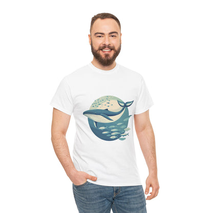 Whale and Fish Unisex Heavy Cotton Tee, Ocean Lover Shirt, Nature Tee, Sea Creature Gift, Casual Summer Top, Ocean Whale Graphic Tee