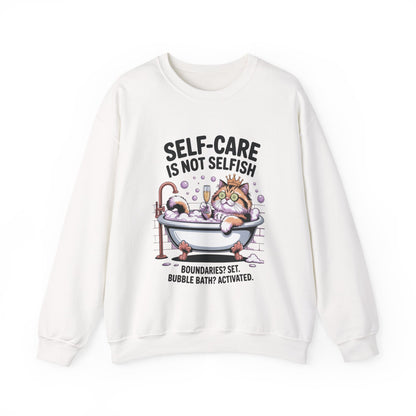 Womens Crewneck Sweatshirt, Self-Care Cat Shirt, Funny Cat Tee, Relaxing Kitty Graphic, Self Care Is Not Selfish Womens Sweatshirt