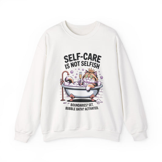 Womens Crewneck Sweatshirt, Self-Care Cat Shirt, Funny Cat Tee, Relaxing Kitty Graphic, Self Care Is Not Selfish Womens Sweatshirt