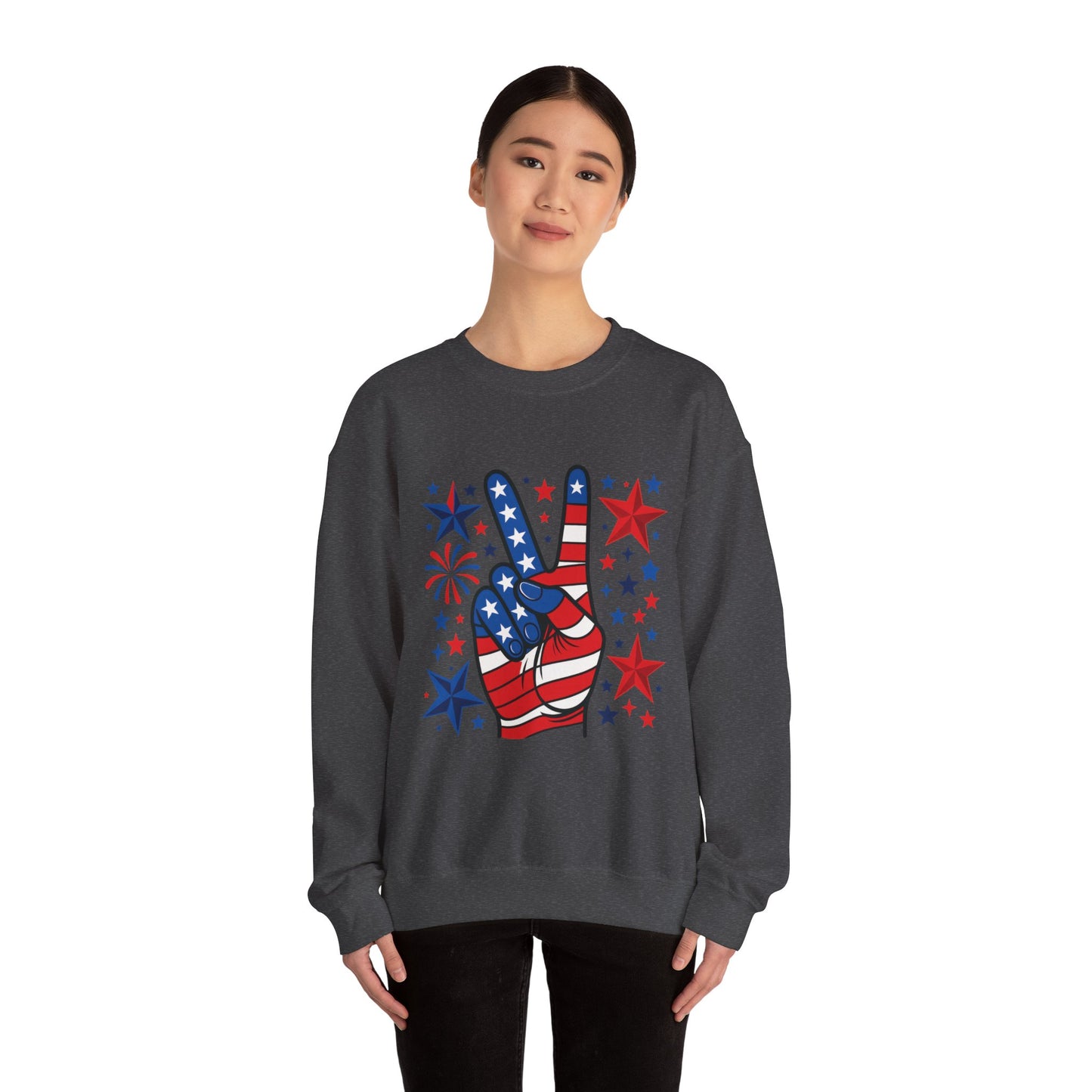Patriotic Peace Crewneck Sweatshirt - Unisex Heavy Blend, 4th of July Clothing, Peace Sign Design, Casual Wear, Gift for Him/Her