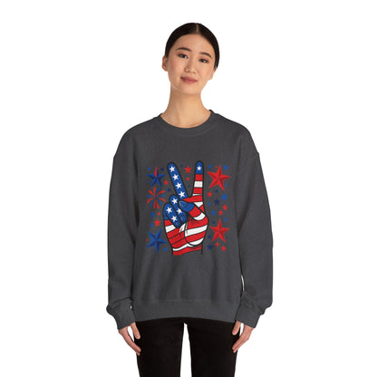 Patriotic Peace Crewneck Sweatshirt - Unisex Heavy Blend, 4th of July Clothing, Peace Sign Design, Casual Wear, Gift for Him/Her