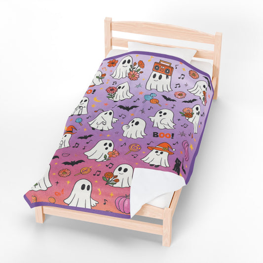 Cute Ghost Halloween Velveteen Plush Blanket for Kids, Purple Ghost and Candy Throw Blanket, Cozy Spooky Fall Blanket, Kawaii Boo Gift