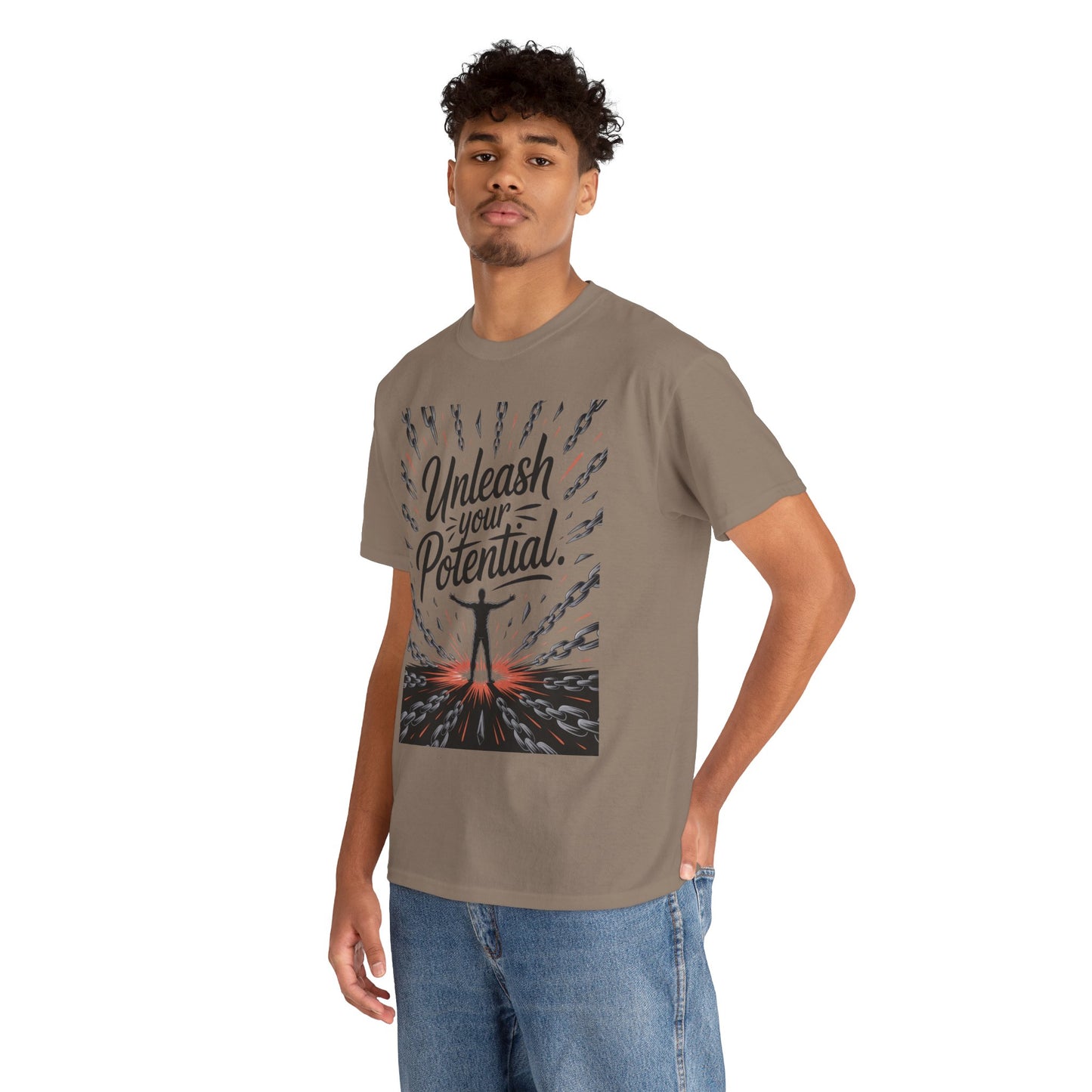 Inspiring Men's Heavy Cotton Tee, "Unleash Your Potential" Motivation Shirt, Gift for Graduates, Personal Growth Apparel, Casual Wear