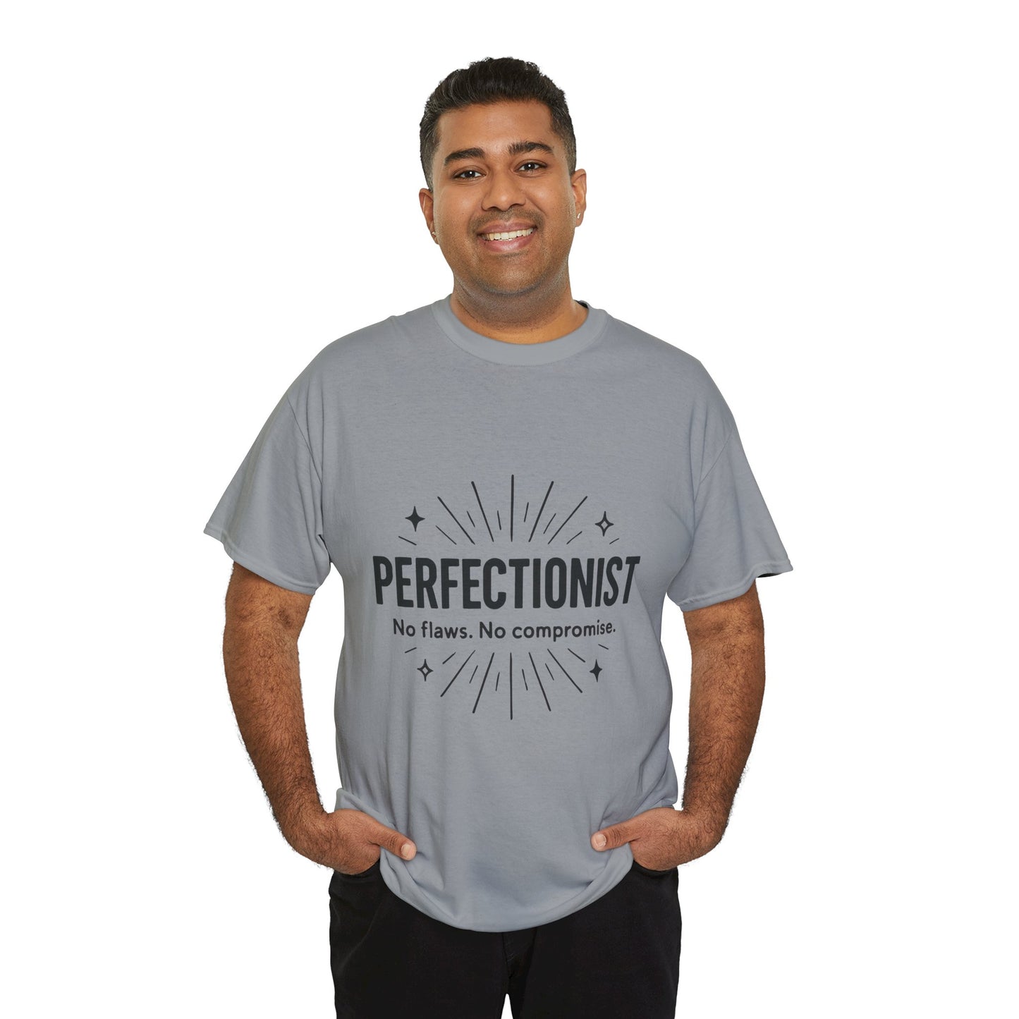 Mens Perfectionist T-Shirt, No Flaws No Compromise, Minimal Bold Graphic Tee, Gift for OCD, Clean Freak, or Detail-Oriented Men