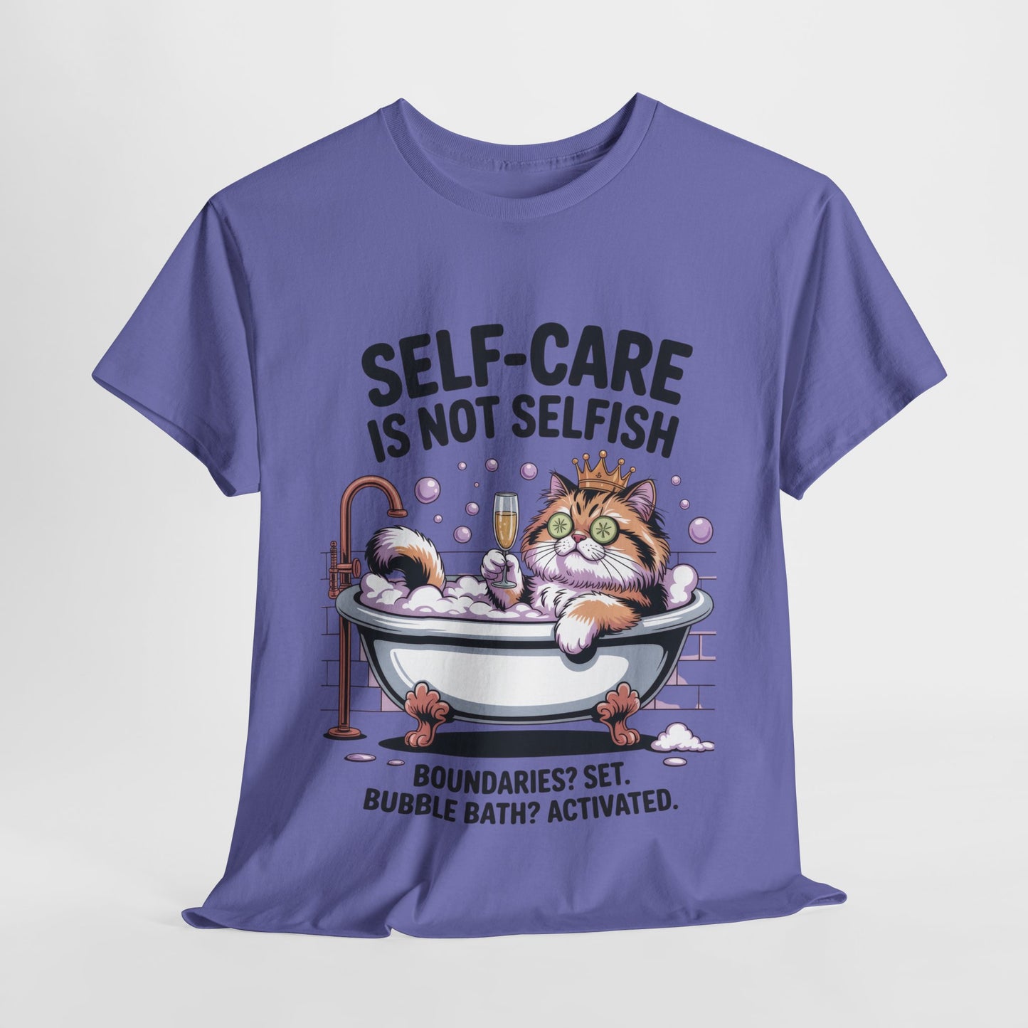 Womens Heavy Cotton Tee, Self-Care Cat Shirt, Funny Cat Bubble Bath Tee, Relaxing Kitty Graphic, Self Care Is Not Selfish Womens T-Shirt