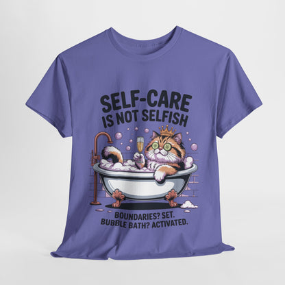 Womens Heavy Cotton Tee, Self-Care Cat Shirt, Funny Cat Bubble Bath Tee, Relaxing Kitty Graphic, Self Care Is Not Selfish Womens T-Shirt
