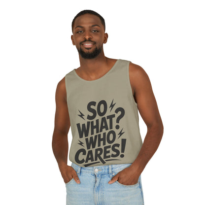 Mens Tank Top, "So What? Who Cares!", Casual Summer Wear, Beach Trip, Festival Outfit, Lightning Print, Sarcastic Summer Tee, Gym Tank