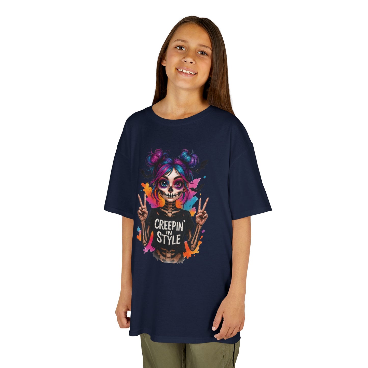 Creepin' in Style Kids Halloween T-Shirt, Colorful Skeleton Girl Design, Cute Spooky Shirt for Trendy Girls