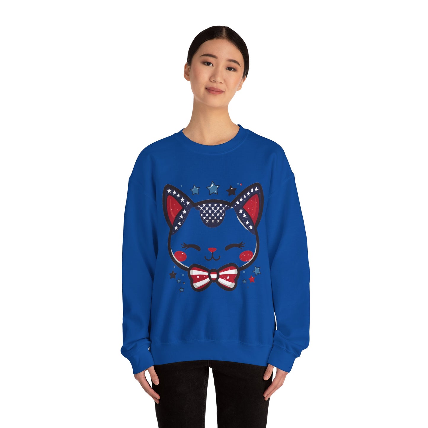 Cute Patriotic Cat Graphic Sweatshirt, Cozy Women's Crewneck, Cat Lover Gift, Fourth of July, Perfect for Holidays and Celebrations