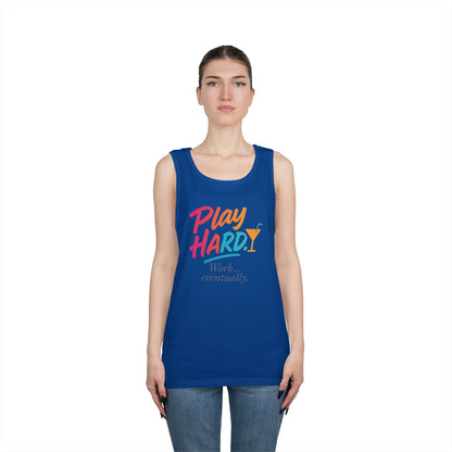 Play Hard, Work Eventually Tank Top, Womens Cotton Tank, Summer Apparel, Casual Wear, Gift for Him/Her, Beach Ready
