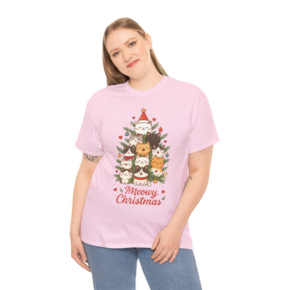 Women's Meowy Christmas Cat T-Shirt, Cute Holiday Kitty Tree Tee