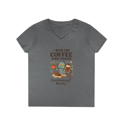 Funny Coffee and Chaos Ladies' V-Neck T-Shirt, Gift for Coffee Lovers, Quirky Tee, Casual Wear, Unique Humor Shirt, Work from Home Humor Tee