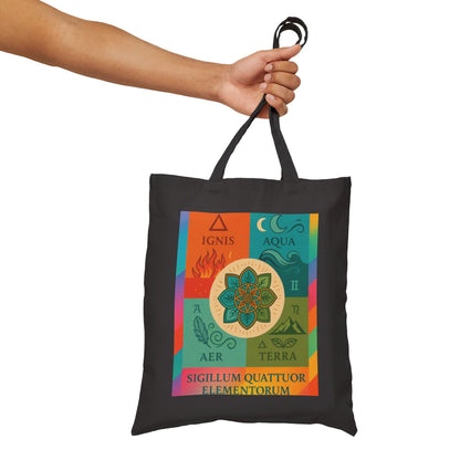 Four Elements Mandala Tote Bag, Fire, Water, Air, Earth Illustrated Symbolic Canvas Bag, Spiritual Boho Elemental Series Gift, Art Tote