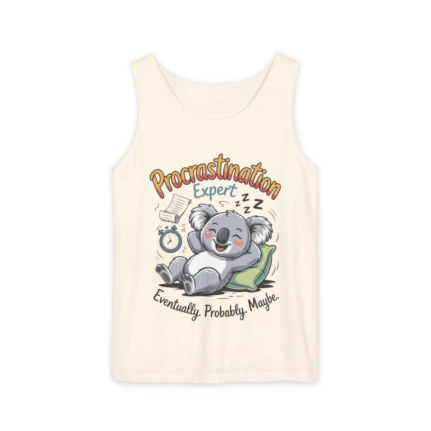 Procrastination Expert Womens Tank Top, Funny Gift for Lazy Days, Relaxed Fit Tee, Casual Summer Wear, Koala Graphic Top, Motivational Apparel