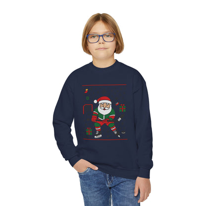 Hockey Santa Youth Christmas Sweatshirt, Funny Sports Holiday Jumper for Boys