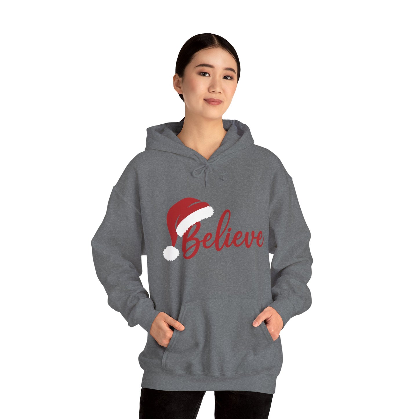 Believe Christmas Women's Hoodie, Minimal Santa Hat Holiday Sweatshirt for Women