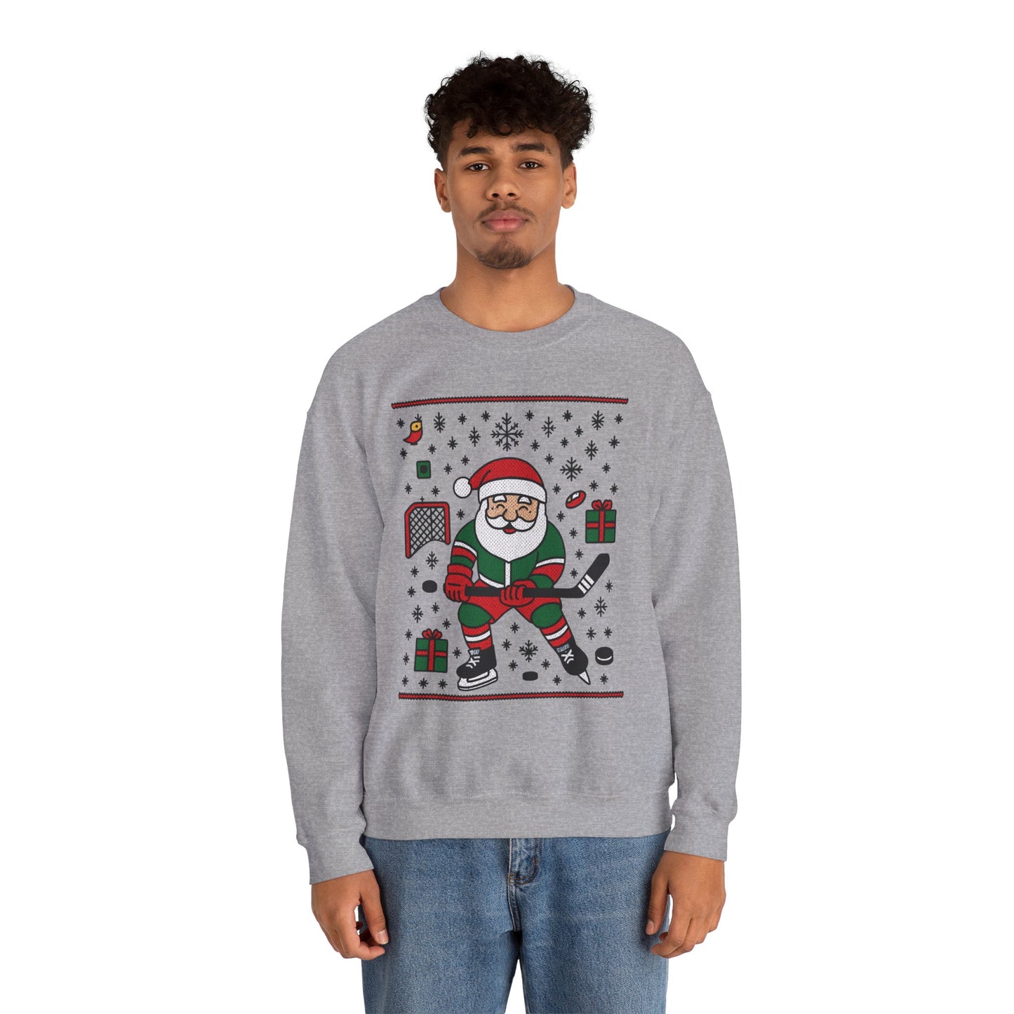 Hockey Santa Men's Christmas Sweatshirt, Funny Sports Holiday Jumper